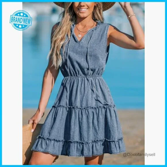 Denim Mini Dress Ruffled Sleeveless V Neck Split Casual Summer Chic - Picture 2 of 5